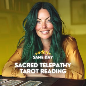 May include: A smiling person with green hair and a gold top. The image includes the text "SAME DAY" above "SACRED TELEPATHY TAROT READING" with gold stars. Tarot cards are visible on the table.