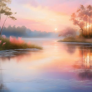 May include: A scenic landscape painting depicting a lake at sunrise with a soft pink and orange sky. The lake is calm and reflective, with trees lining the shore. The painting has a dreamy and peaceful atmosphere.