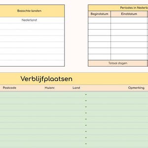 May include: A spreadsheet with a light green and yellow color scheme. The text "2026/2027" is in a yellow box. Other text includes "Start Datum", "Eind Datum", "Verblijfplaatsen", and "Nederland".