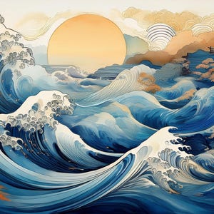 Op de afbeelding: Een artistieke weergave van een Japans landschap met grote oceaangolven in blauw- en wittinten. Een grote gele zon is op de achtergrond, met een traditionele pagode op een klif. Het kunstwerk heeft een aquarel stijl.