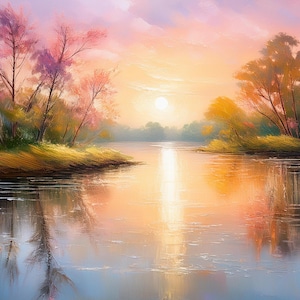 Könnte beinhalten: Ein Gemälde eines Sees mit Bäumen auf beiden Seiten. Die Sonne geht hinter den Bäumen unter und wirft einen warmen Schein auf das Wasser. Die Bäume spiegeln sich im Wasser.