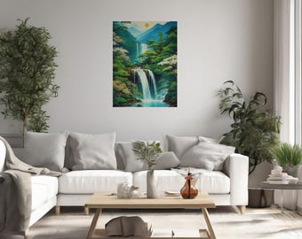Hokusai Ukiyo-e Wall Art | Japanese Waterfall Landscape Poster Print | Blue Green Home Decor | Digital Art Print