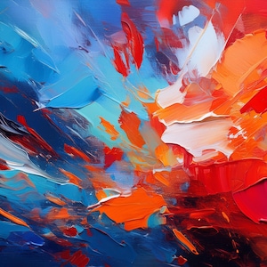 Op de afbeelding: Abstract schilderij met gedurfde streken in blauw, rood, oranje en wit. De kleuren worden samengevoegd om een dynamische en energieke compositie te creëren.