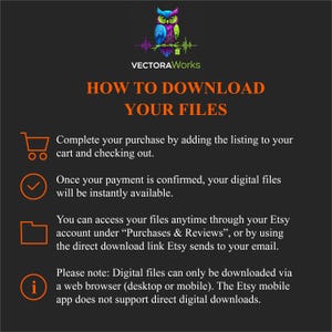 May include: A graphic with the text "HOW TO DOWNLOAD YOUR FILES" and instructions for digital file access. Includes an owl logo and details on Etsy download procedures, emphasizing web browser use for downloads.