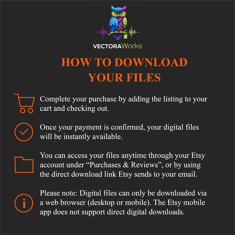 May include: A graphic with the text "HOW TO DOWNLOAD YOUR FILES" and instructions for digital file access. Includes an owl logo and details on Etsy download procedures, emphasizing web browser use for downloads.