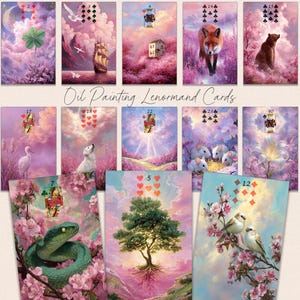 Puede incluir: Un conjunto de cartas Lenormand pintadas al óleo con ilustraciones oníricas. Cada carta muestra una escena única con animales, naturaleza y símbolos en una paleta de colores pastel. El texto "Oil Painting Lenormand Cards" está escrito en la imagen.