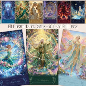 Puede incluir: Una baraja completa de cartas del Tarot Elf Dream, con 78 cartas. Las cartas muestran arte de fantasía con figuras etéreas en vestidos fluidos, sobre fondos coloridos y oníricos. El texto en las cartas incluye "The World", "The Magician" y "Temperance".