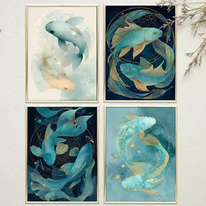 Puede incluir: Cuatro impresiones artísticas enmarcadas con pinturas de acuarela de peces koi en tonos de azul, verde azulado y dorado. Cada impresión tiene un marco dorado. Los peces se representan en varias poses, con aletas fluidas y un aspecto etéreo.