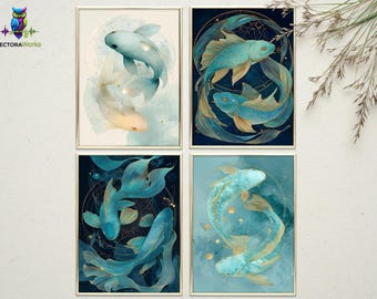 Pisces Koi Fish Wall Art Set, Teal Gold Astrology Prints, Pisces Gift (Instant Download)