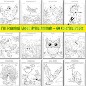Puede incluir: Una colección de 60 páginas para colorear con varios animales voladores, incluyendo un albatros, una libélula, un flamenco, y más. El título "I'm Learning About Flying Animals" se muestra en una pancarta amarilla.
