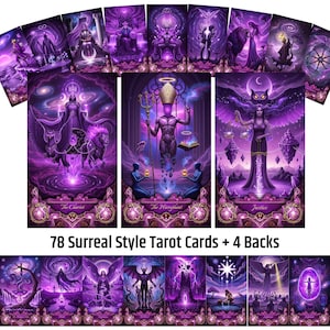 Puede incluir: Una baraja de 78 cartas de tarot de estilo surrealista con 4 dorsos, con vibrantes ilustraciones púrpuras y violetas. Las cartas representan varias figuras y escenas, incluyendo El Carro, El Hierofante y Justicia. Se muestra el texto "78 Surreal Style Tarot Cards + 4 Backs".