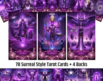 Surrealistyczna Fioletowa Talia Tarota | 78 Cyfrowych Kart + 4 Rewersy | Mistyczna Wrzosowa Talia do Druku | Zestaw Kart Dywinacyjnych DIY