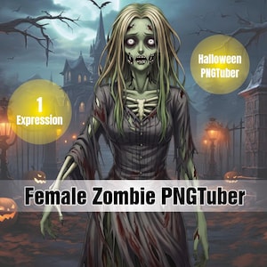 Peut inclure: Illustration numérique d'une PNGTuber zombie féminine à la peau verte, aux vêtements déchirés et aux côtes apparentes. L'arrière-plan présente un manoir effrayant, des citrouilles d'Halloween et le texte "Halloween PNGTuber" et "Female Zombie PNGTuber".