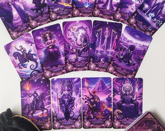 Surreal Purple Tarot Deck, 78 Mistycznych Fioletowych Kart Tarota, Duchowa Talia do Wróżenia, Estetyczny Tarot Fantasy, Unikalny Prezent