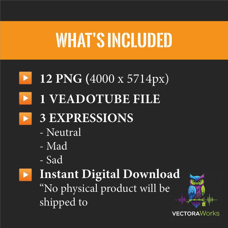 May include: Digital download graphic with the text "WHAT'S INCLUDED" in white on an orange banner. The image lists 12 PNG files, 1 VEADOTUBE file, and 3 expressions: neutral, mad, and sad. The text "Instant Digital Download" is also included.
