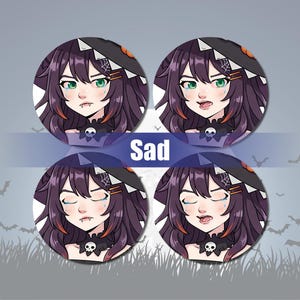 May include: Four round illustrations of a sad anime character with purple hair, green eyes, and a witch hat. The character is crying in three of the illustrations and has a sad expression in the fourth. The word "Sad" is written in white on a blue banner.