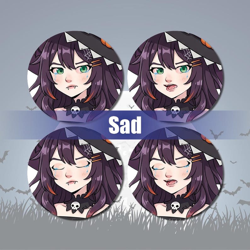 May include: Four round illustrations of a sad anime character with purple hair, green eyes, and a witch hat. The character is crying in three of the illustrations and has a sad expression in the fourth. The word "Sad" is written in white on a blue banner.