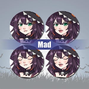 May include: Four circular illustrations of a cartoon witch with purple hair, green eyes, and a witch hat. The witch has different facial expressions in each illustration. The word "Mad" is written in a blue banner across the center of the image.