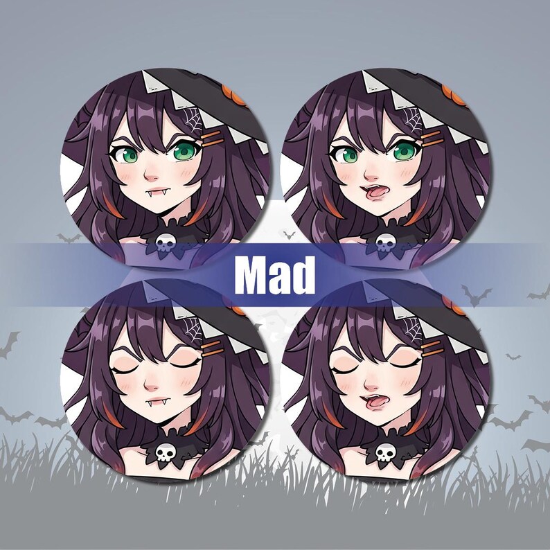 May include: Four circular illustrations of a cartoon witch with purple hair, green eyes, and a witch hat. The witch has different facial expressions in each illustration. The word "Mad" is written in a blue banner across the center of the image.