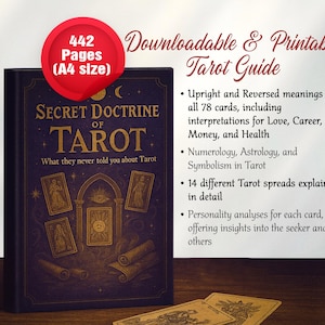 Może przedstawiać: Do pobrania i wydrukowania przewodnik po Tarocie zatytułowany "Secret Doctrine of Tarot". Książka, licząca 442 strony (format A4), oferuje interpretacje dla miłości, kariery, pieniędzy i zdrowia. Obejmuje również numerologię, astrologię i symbolikę.