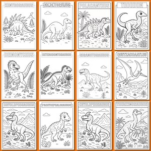 May include: Twelve black and white dinosaur illustrations on individual cards. Each card features a different dinosaur species, including Kentrosaurus, Edmontosaurus, and Troodon, with their names at the top. The backgrounds depict prehistoric landscapes.
