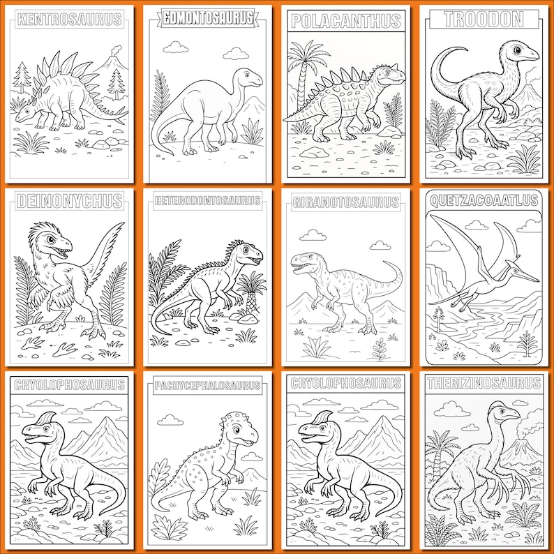 May include: Twelve black and white dinosaur illustrations on individual cards. Each card features a different dinosaur species, including Kentrosaurus, Edmontosaurus, and Troodon, with their names at the top. The backgrounds depict prehistoric landscapes.