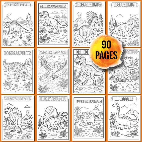 Dinosaur Coloring Book: 90 Printable Pages, Kids' Party Activity (PDF Download)