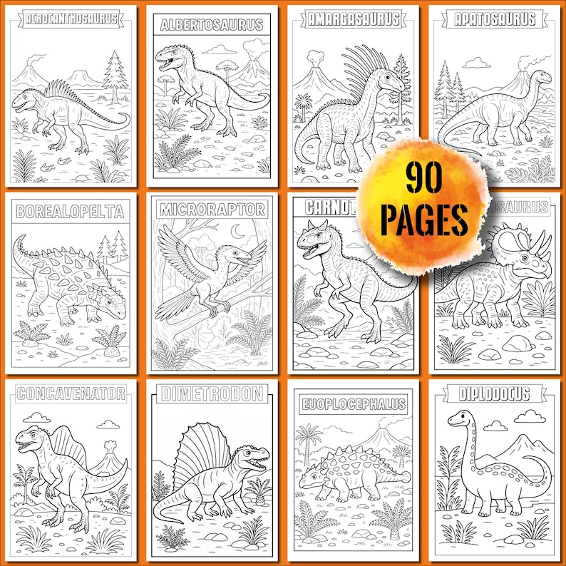 May include: A collection of dinosaur-themed coloring pages. Each page features a different dinosaur, including Acrocanthosaurus, Albertosaurus, and Apatosaurus, with the dinosaur's name at the top. The pages are black and white and include the text "90 PAGES".