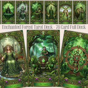 Puede incluir: Una baraja de tarot "Enchanted Forest" de 78 cartas. Las cartas presentan ilustraciones detalladas en tonos verdes, que representan figuras en un entorno forestal. El texto "The Empress", "The Chariot" y "Wheel of Fortune" es visible.