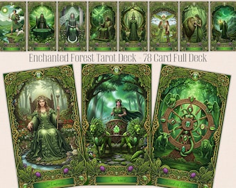 Zaczarowana Leśna Talia Tarota – Pełny Zestaw 78 Kart, Zielony Tarot Czarownicy, Karty Dywinacyjne do Druku w Stylu Olejnym