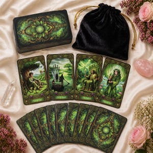 K&ouml;nnte beinhalten: Ein Tarotkartenspiel mit gr&uuml;nen und goldenen floralen Designs, das Illustrationen von Figuren und Landschaften zeigt. Das Deck wird von einem schwarzen Samtbeutel mit Kordelzug und mehreren einzelnen Karten begleitet.
