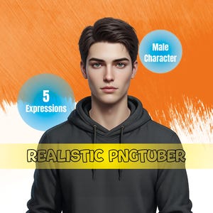 Könnte beinhalten: Digitale Illustration einer Person mit einem schwarzen Kapuzenpullover. Der Text "REALISTIC PNGTUBER" ist enthalten. Zwei blaue Kreise mit den Texten "Male Character" und "5 Expressions" sind ebenfalls vorhanden. Der Hintergrund ist orange.
