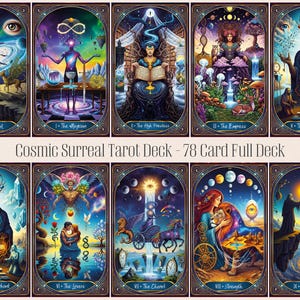 May include: A set of tarot cards with surreal cosmic illustrations. Each card has unique artwork with vibrant colours and symbolic imagery. The text "Cosmic Surreal Tarot Deck - 78 Card Full Deck" is displayed.