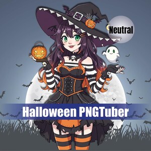May include: A digital illustration of a witch character with green eyes, wearing a black and orange outfit, and a large witch hat. The image includes a jack-o'-lantern, a ghost, and the text "Halloween PNGTuber". The background features bats and a full moon.