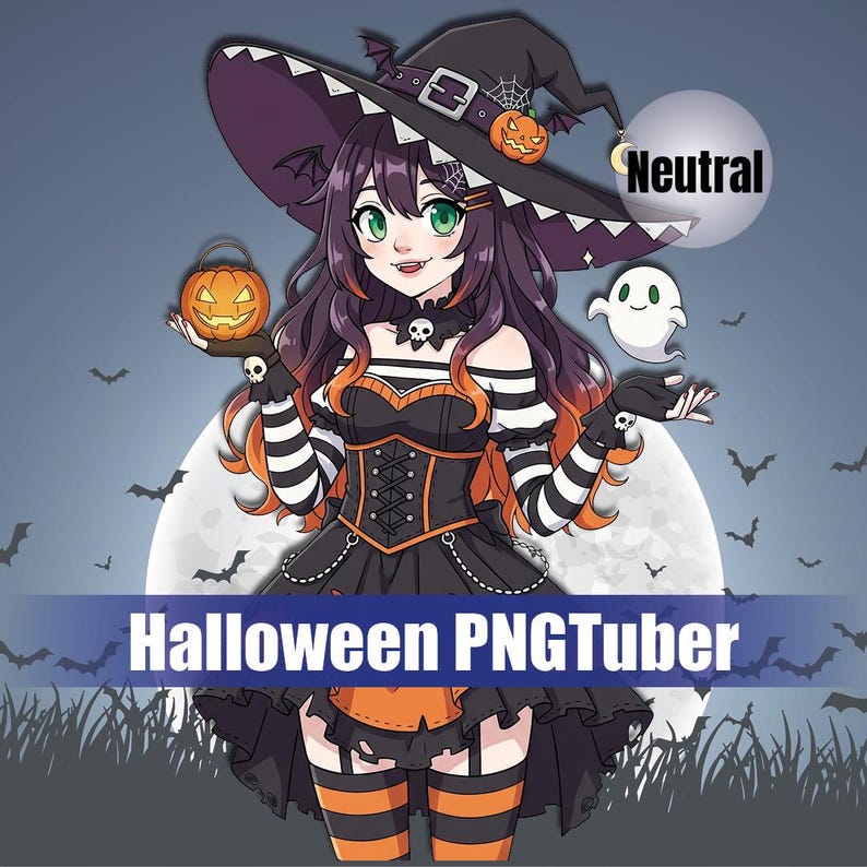 May include: A digital illustration of a witch character with green eyes, wearing a black and orange outfit, and a large witch hat. The image includes a jack-o'-lantern, a ghost, and the text "Halloween PNGTuber". The background features bats and a full moon.