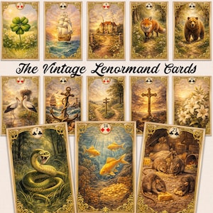 Puede incluir: Un conjunto de cartas Lenormand vintage, cada una con ilustraciones detalladas en marcos dorados ornamentados. Las cartas representan varios símbolos y escenas, incluyendo un trébol de cuatro hojas, un barco, un zorro y un oso. El texto "The Vintage Lenormand Cards" está presente.