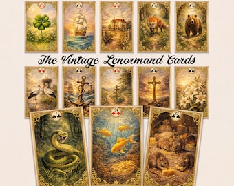 Vintage Lenormand Deck – 36 Kart Dywinacyjnych do Druku – Antyczny Romantyczny Styl Tarota – Cyfrowe Pobranie z 4 Wzorami Rewersów