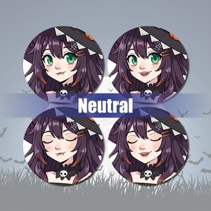 May include: Four circular Halloween-themed illustrations featuring a cartoon witch with green eyes, fangs, and a witch hat. The illustrations show the witch with different facial expressions. The word "Neutral" is written in white text.