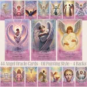 Może przedstawiać: Zestaw 44 kart Anielskich Wyroczni w stylu malarstwa olejnego, z wizerunkami aniołów w odcieniach różu, fioletu i złota. Karty zawierają teksty takie jak "Choose Love", "Forgive Yourself" i "You Are Loved".