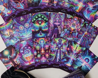 Psychedelic Tarot Deck, 78 Surrealistycznych Kart Tarota Granatowych, Trippy Duchowa Talia, Kolorowy Mistyczny Tarot, Unikalny Prezent
