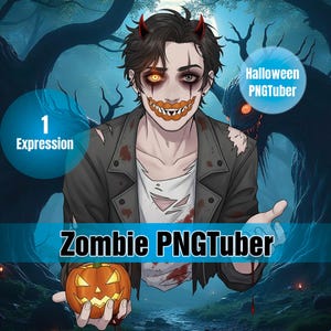 Peut inclure: Illustration numérique d'un personnage de zombie avec des cornes rouges, tenant une citrouille sculptée. Le personnage a des dents oranges et une chemise déchirée. Le texte sur l'image indique "Zombie PNGTuber" et "Halloween PNGTuber". L'arrière-plan est une forêt sombre.