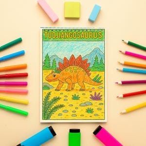 May include: A coloring book page featuring a cartoon Tuojiangosaurus dinosaur in orange and yellow, with a green and blue background. The page is surrounded by colorful markers, colored pencils, and erasers.
