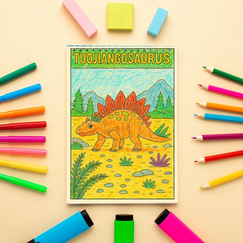 May include: A coloring book page featuring a cartoon Tuojiangosaurus dinosaur in orange and yellow, with a green and blue background. The page is surrounded by colorful markers, colored pencils, and erasers.