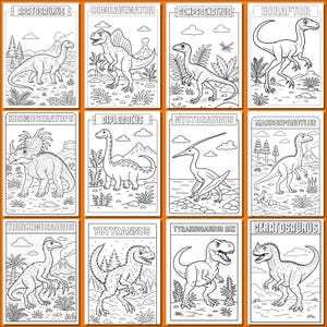 May include: A set of twelve black and white dinosaur illustrations on individual cards. Each card features a different dinosaur species, including Apatosaurus, Concavenator, and Tyrannosaurus Rex, with the dinosaur's name at the top of each card.