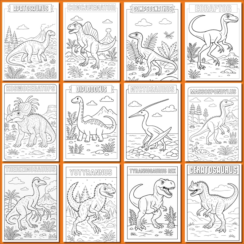 May include: A set of twelve black and white dinosaur illustrations on individual cards. Each card features a different dinosaur species, including Apatosaurus, Concavenator, and Tyrannosaurus Rex, with the dinosaur's name at the top of each card.