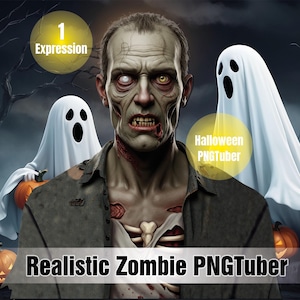 May include: A digital illustration featuring a realistic zombie with exposed ribs, surrounded by ghosts and pumpkins. The image includes the text "Realistic Zombie PNGTuber" and "Halloween PNGTuber". A spooky, dark theme with a night sky background.