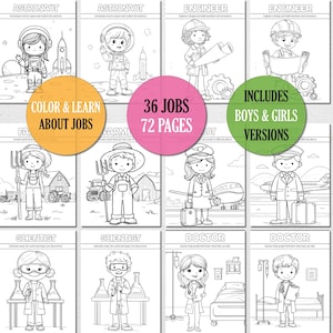 Puede incluir: Un libro para colorear con ilustraciones de varias profesiones, como astronauta, ingeniero, granjero, científico y médico. El libro incluye el texto "COLOR & LEARN ABOUT JOBS" y "INCLUDES BOYS & GIRLS VERSIONS".
