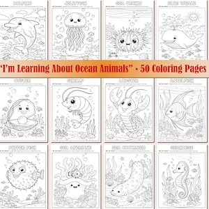 Op de afbeelding: Zwart-wit kleurplaten met verschillende zeedieren, waaronder een dolfijn, kwal en zeepaardje. De tekst "I'm Learning About Ocean Animals" en "50 Coloring Pages" is weergegeven. Elke pagina heeft een ander zeedier.