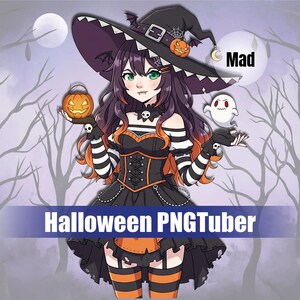 May include: A digital illustration of a witch character with green eyes, wearing a black and orange outfit, a witch hat, and holding a jack-o'-lantern. The text "Halloween PNGTuber" is displayed at the bottom, with the word "Mad" in a speech bubble.