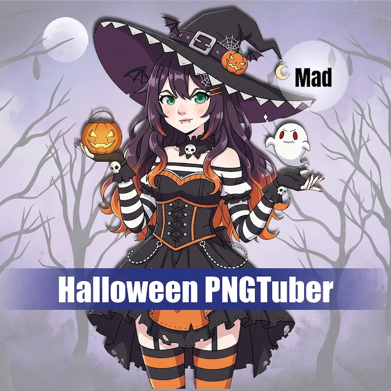 May include: A digital illustration of a witch character with green eyes, wearing a black and orange outfit, a witch hat, and holding a jack-o'-lantern. The text "Halloween PNGTuber" is displayed at the bottom, with the word "Mad" in a speech bubble.